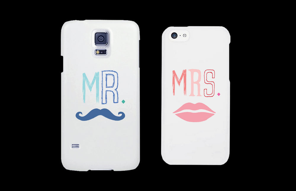 Mr. Blue Mustache & Mrs. Pink Lips Matching Couple White Phonecases (Set)