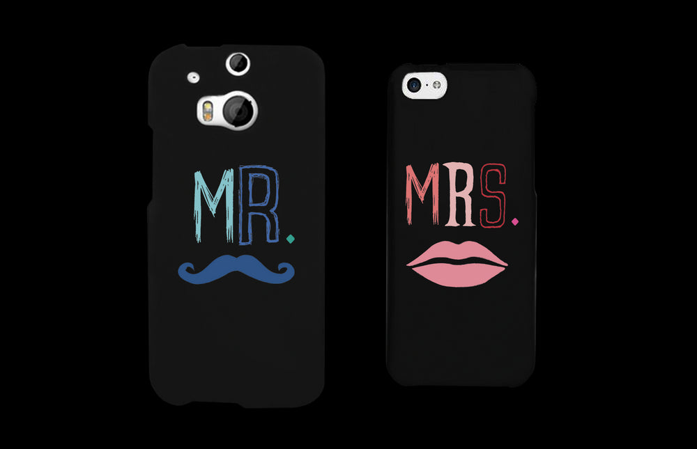 Mr Mustache and Mrs Lips Black Matching Couple Phone Cases Wedding Gift