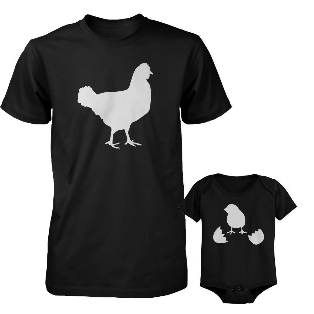 Funny Chicken and Little Chick Matching Dad Shirt and Baby Onesie
