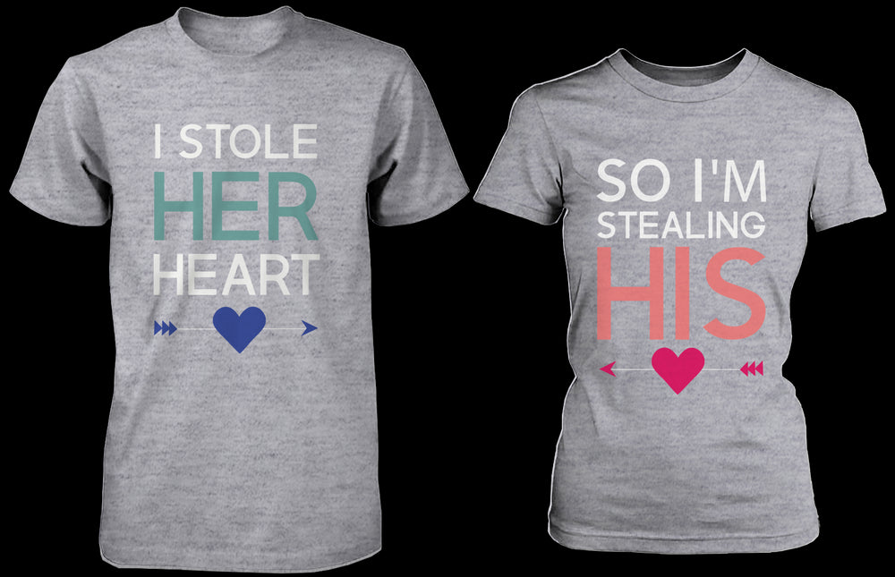 I Stole Her Heart, So I'm Stealing Heart Matching Couple Shirts in Grey (Set)