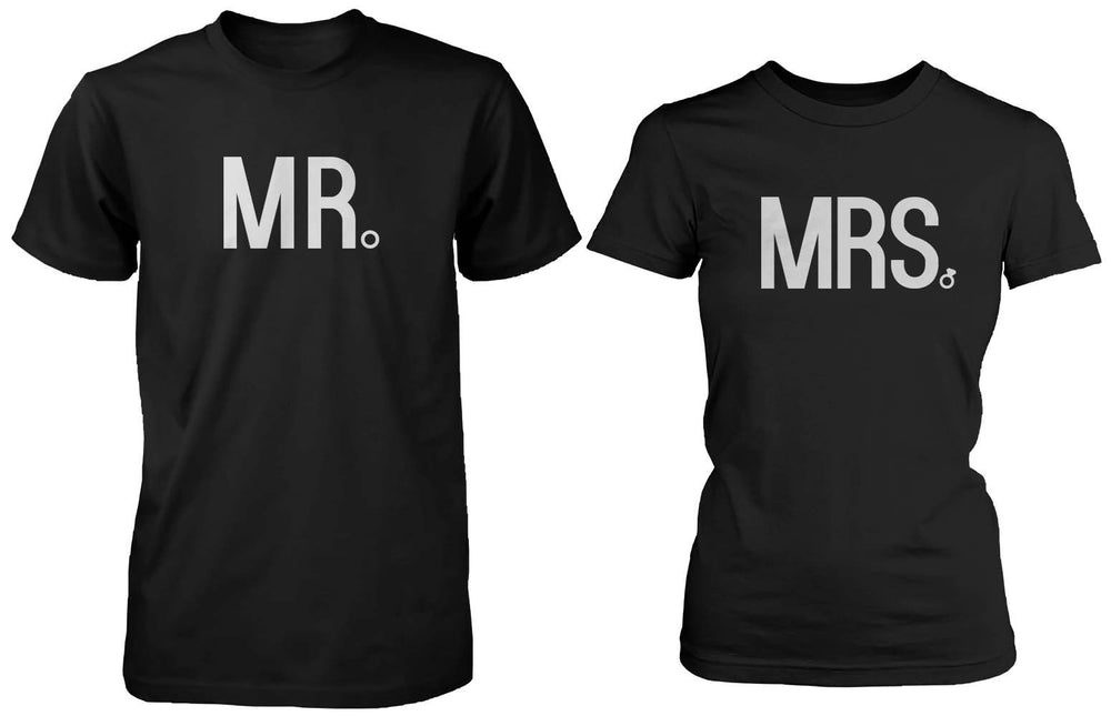 Mr and Mrs Wedding Band Matching Couple Black T-shirts (Set)