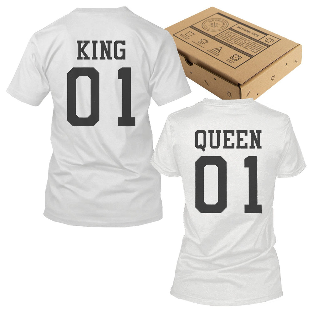 365 Printing King 01 And Queen 01 Matching Graphic T-shirt Set Cute White Couple Tees