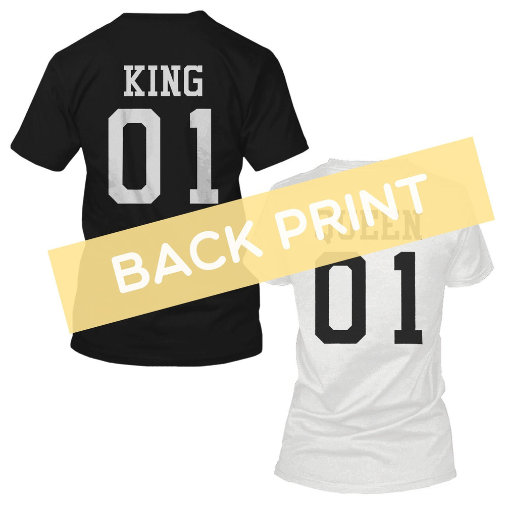 King 01 And Queen 01 Matching Black And White Back Print Couple T-Shirts