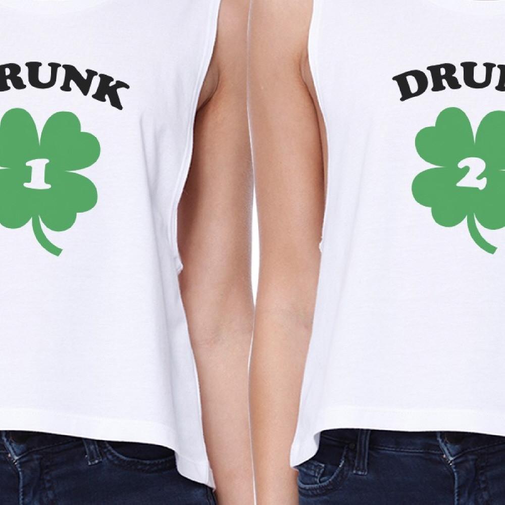 Drunk1 Drunk2 Women White Crop Tee Cute Best Friend Top St Patricks