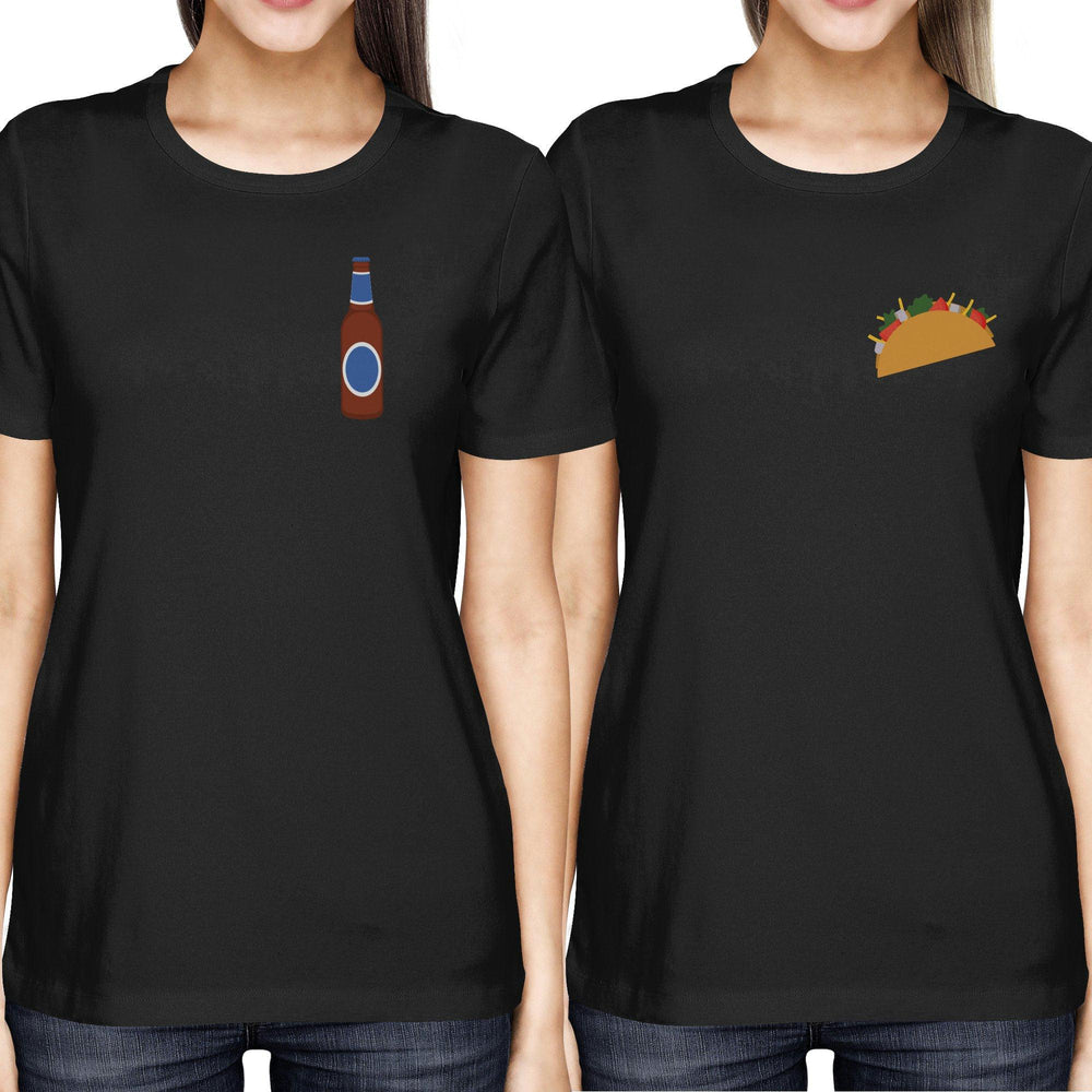 Taco and Beer BFF Women's Best Friend Pocket Print Matching Black Shirts Tees for Summer