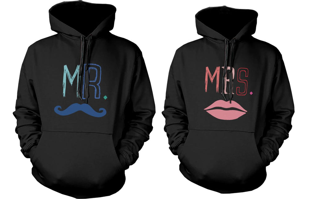 Mr and Mrs Couple Outfit Mustache and Lips Matching Hoodies for Couples