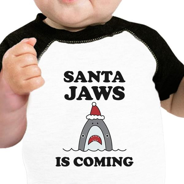 Santa Jaws Is Coming Baby Black And White Baseball Shirt