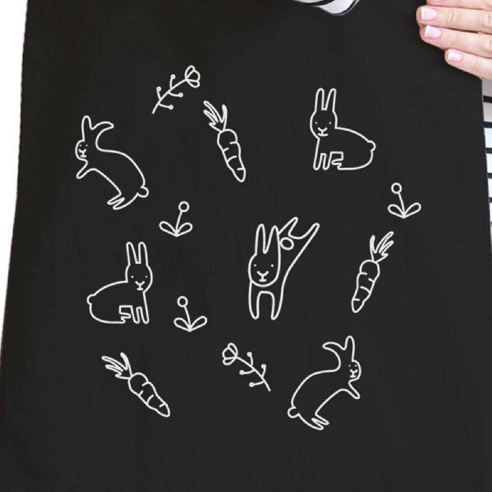 Rabbit Pattern Black Canvas Bag Cute Easter Bunnies Tote Bags