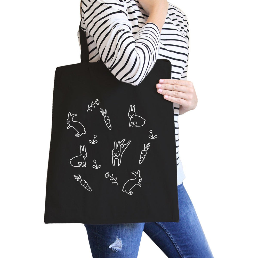 Rabbit Pattern Black Canvas Bag Cute Easter Bunnies Tote Bags