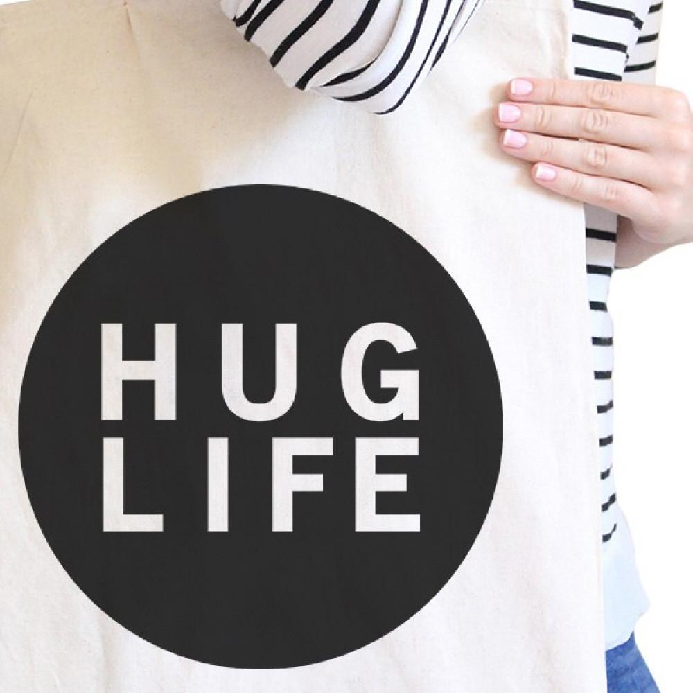 Hug Life Natural Tote Bag Simple Trendy Design PocketSize Graphic