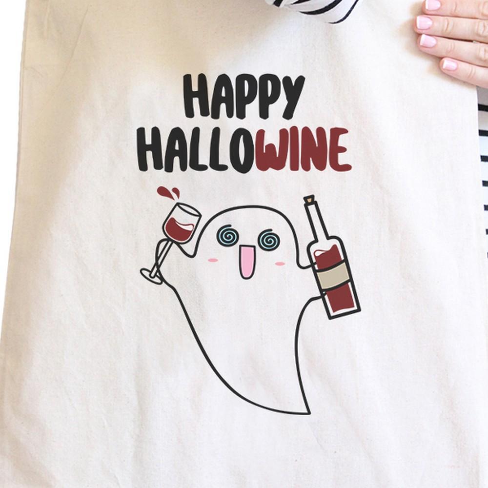 Happy Hallowine Ghost Wine Natural Canvas Bags