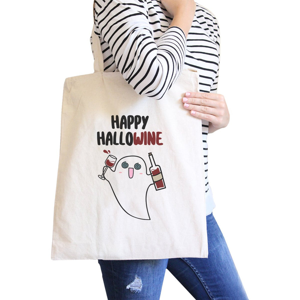 Happy Hallowine Ghost Wine Natural Canvas Bags