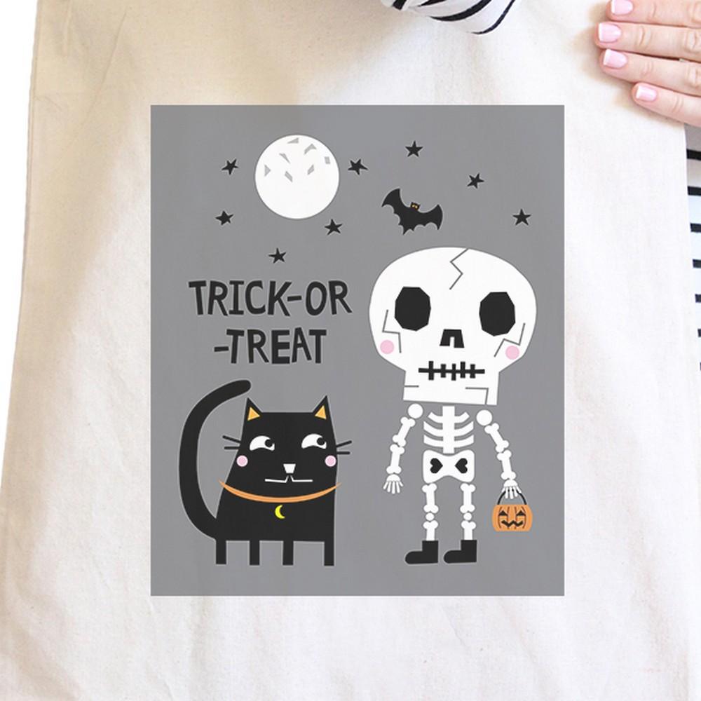 Trick-Or-Treat Skeleton Black Cat Natural Canvas Bags