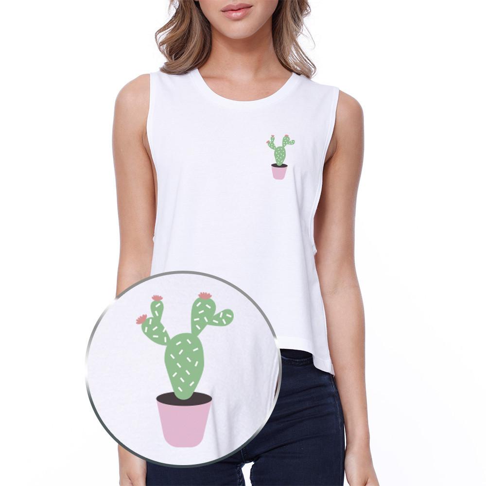 Cactus Pocket Crop Tee White Tank Top Cute Back To School Tanks