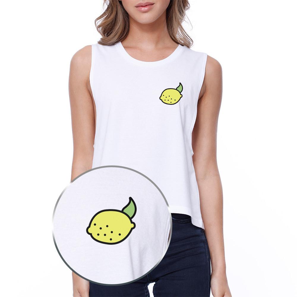 Cute Lemon Pocket Crop Tee Junior White Tank Top For Back To School