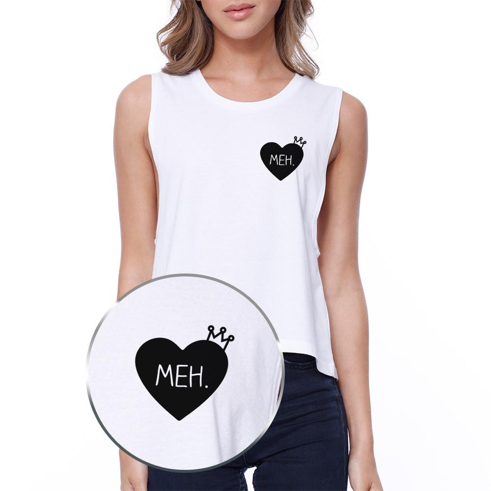 Meh Heart Pocket Print Crop Tee Cute White Sleeveless Tank Top