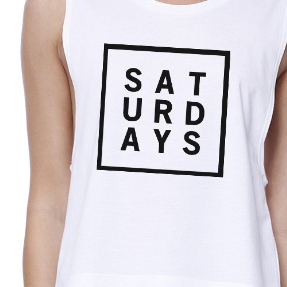 Saturdays Womens White Sleeveless Crop Top Trendy Typography Shirt