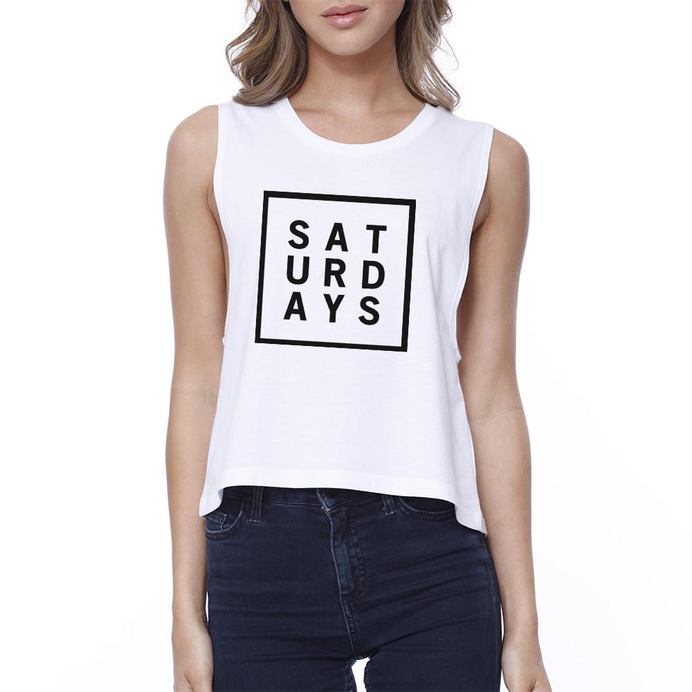 Saturdays Womens White Sleeveless Crop Top Trendy Typography Shirt