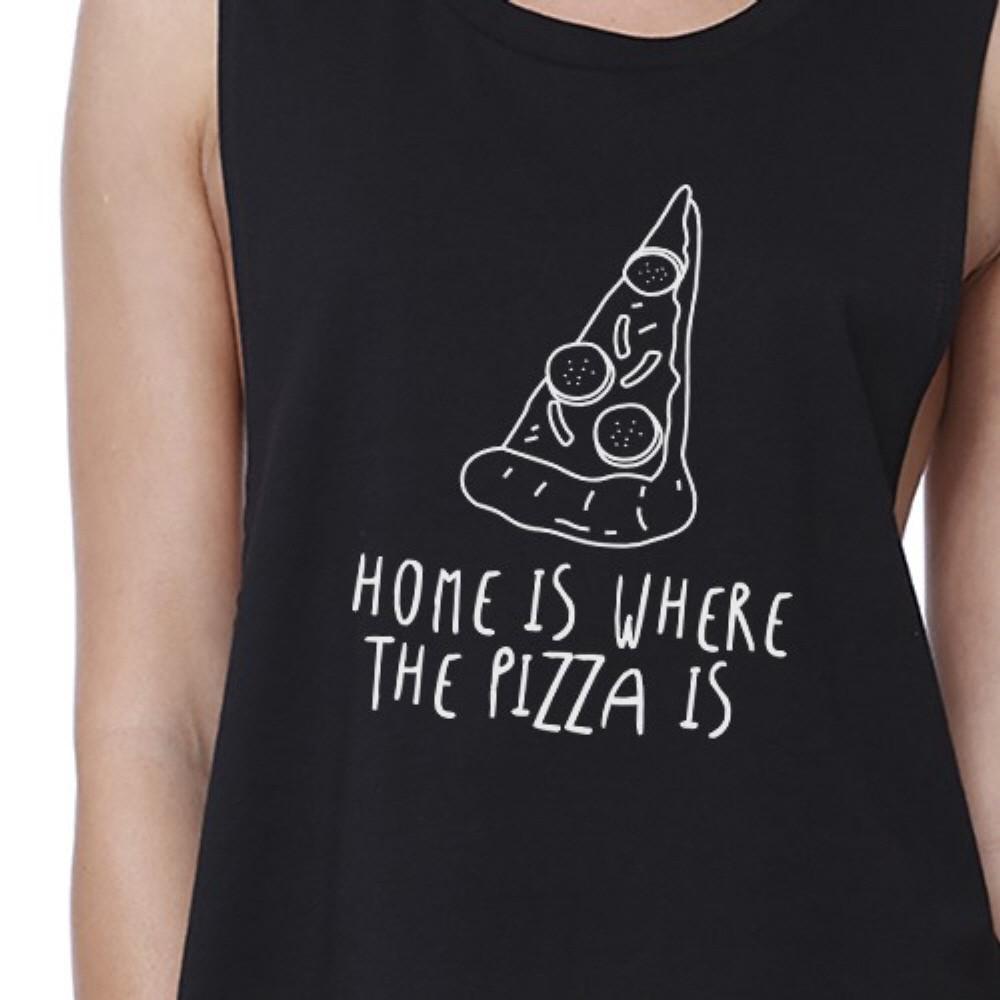 Home Where Pizza Womens Black Sleeveless Crop Shirt For Pizza Lover