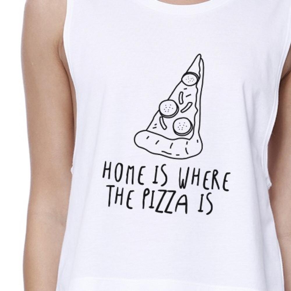 Home Where Pizza Womens White Sleeveless Crop Top For Pizza Lover