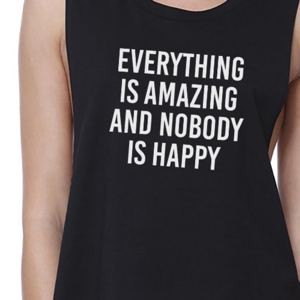 Everything Nobody Happy Womens Black Sleeveless Crop Top Gym Shirt