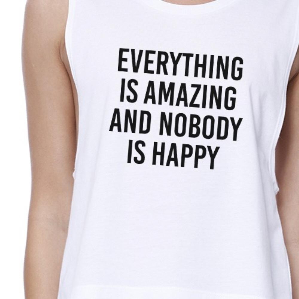 Everything Nobody Happy Womens White Sleeveless Crop Top Gym Shirt