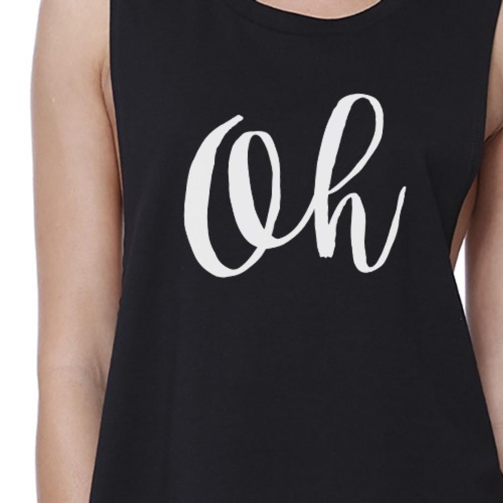 Oh Womens Black Sleeveless Crop Shirt Cute Calligraphy Workout Top