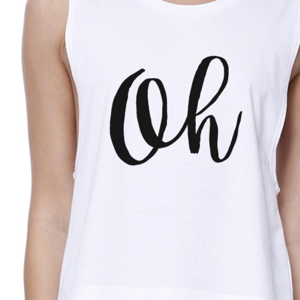 Oh Womens White Sleeveless Crop Shirt Cute Calligraphy Workout Top