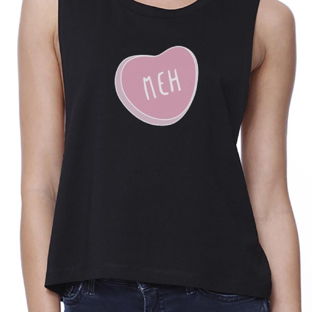 Meh Women's Black Crop Shirt Cute Pink Heart Lovely Design Gifts For Her