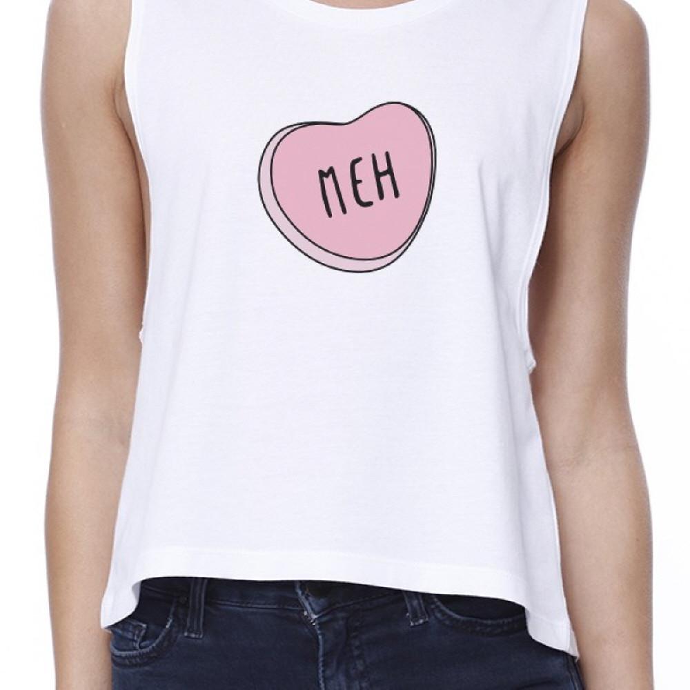 Meh Women's White Crop Shirt Cute Pink Heart Lovely Gifts For Her