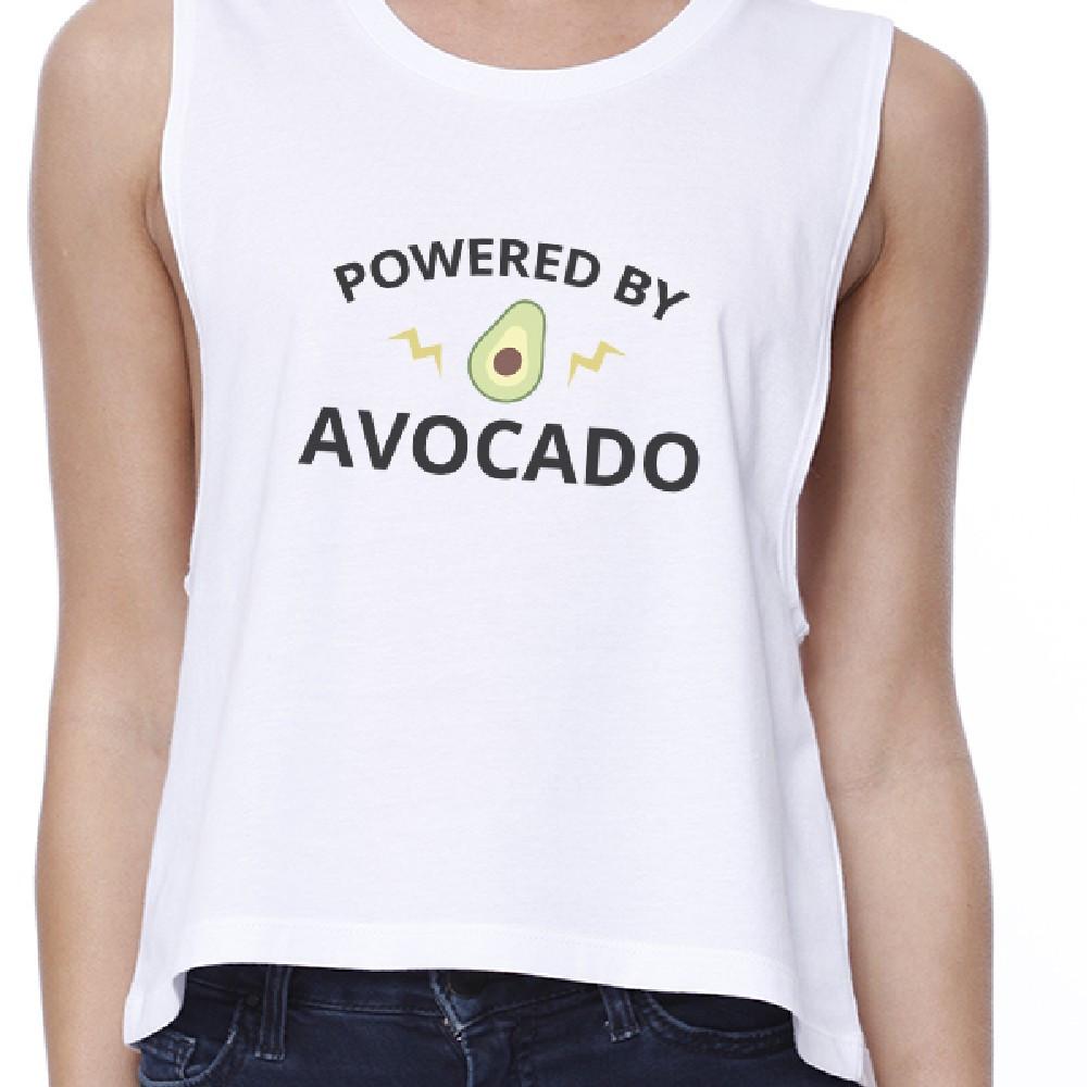 Powered By Avocado Womens White Graphic Crop Top Unique Design Tee