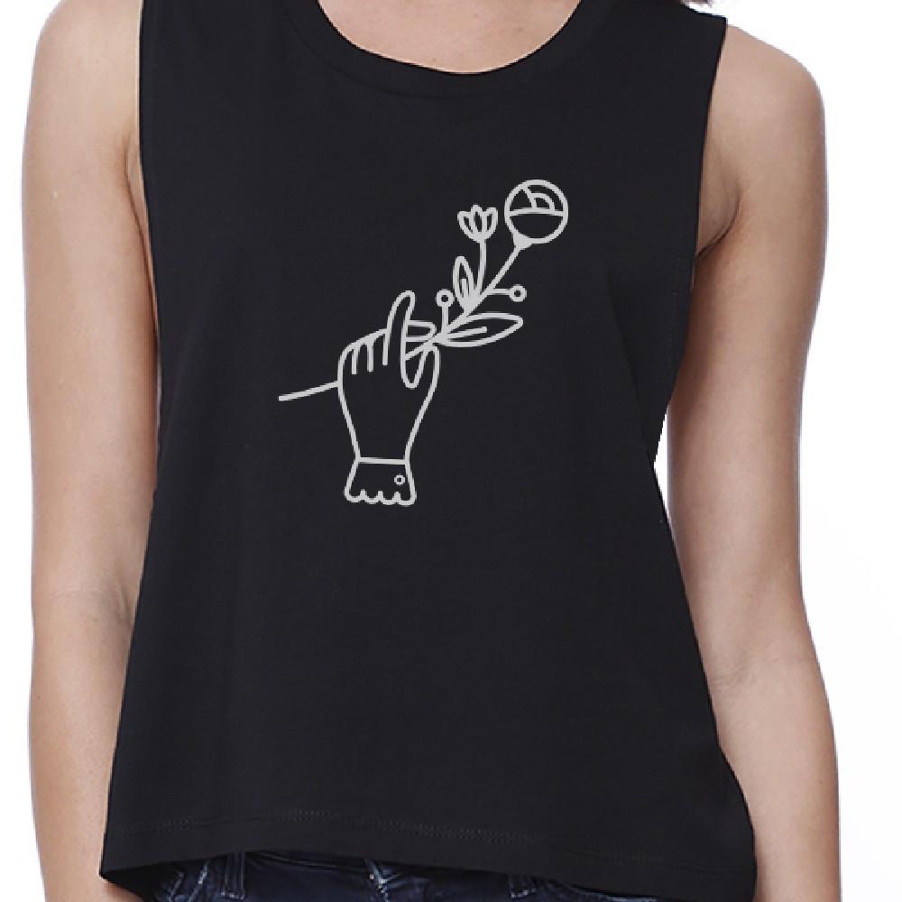 Hand Holding Flower Womens Black Crop Shirt Sleeveless Graphic Top