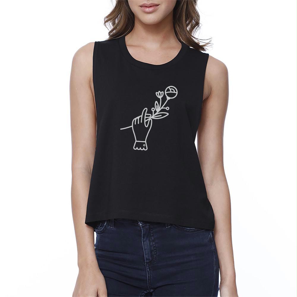 Hand Holding Flower Womens Black Crop Shirt Sleeveless Graphic Top