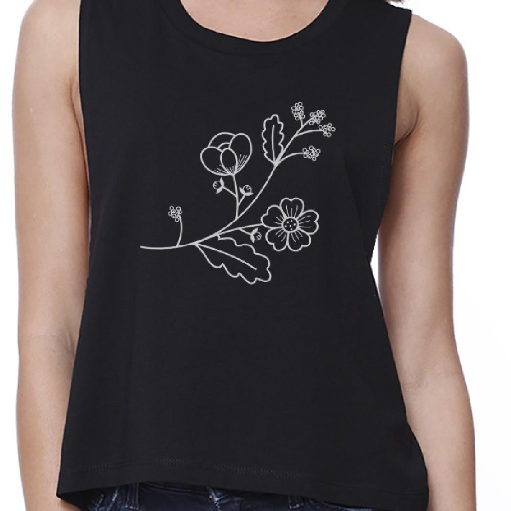 Flower Womens Black Sleeveless Round Neck Crop Tank Top For Friends