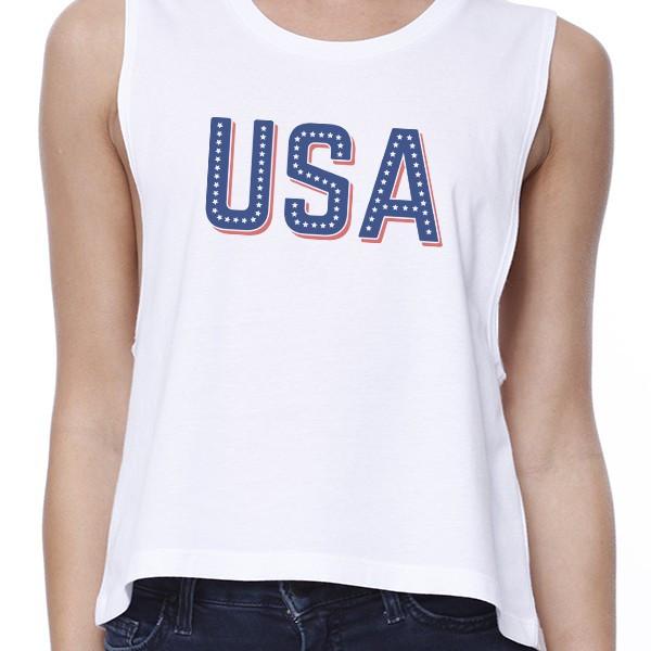 USA With Stars Womens White Crop Top Unique USA Printed Graphic Top