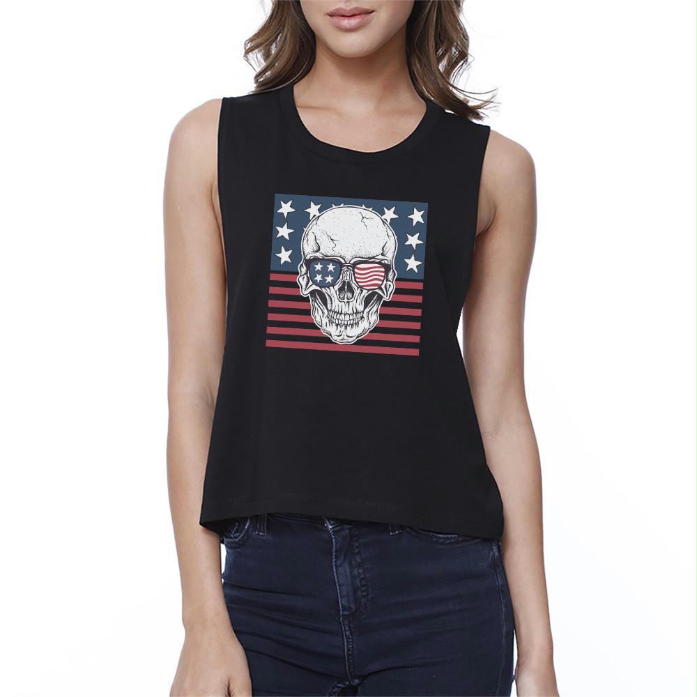 Skull American Flag Womens Black Crop Top Crewneck Line Cotton Tee