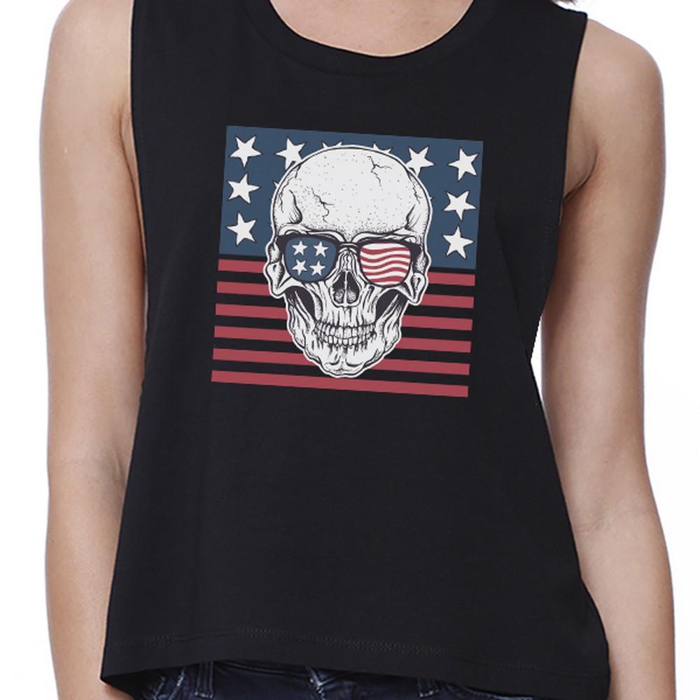 Skull American Flag Womens Black Crop Top Crewneck Line Cotton Tee