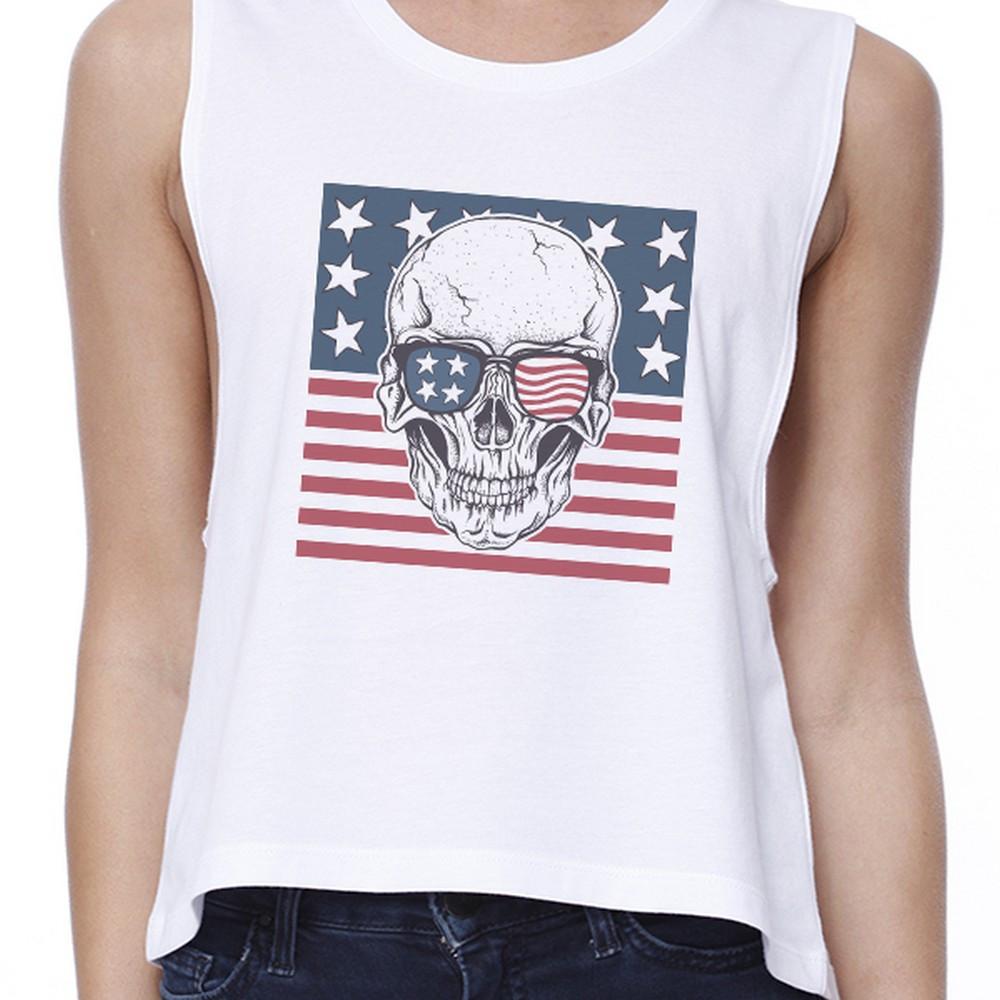 Skull American Flag Womens White Crop Top Crewneck Line Cotton Tee