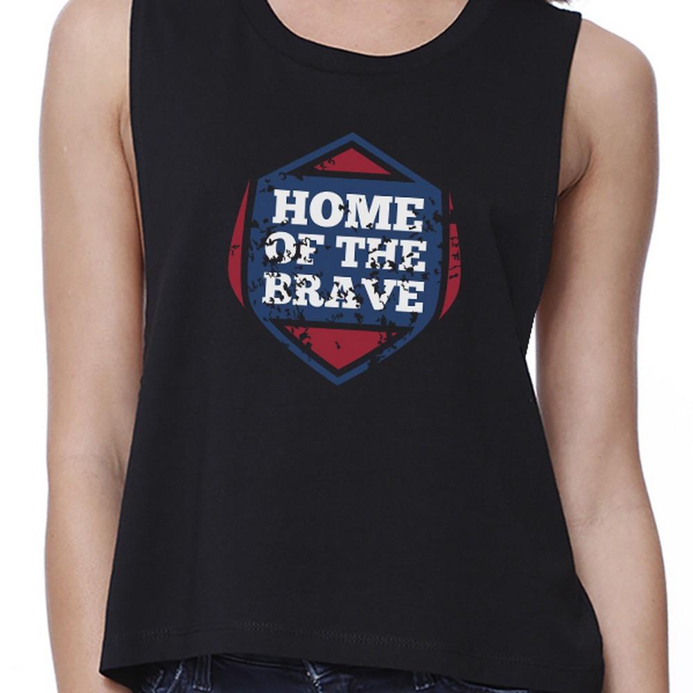 Home Of The Brave Black Cotton Unique Graphic Crop Tee For Women