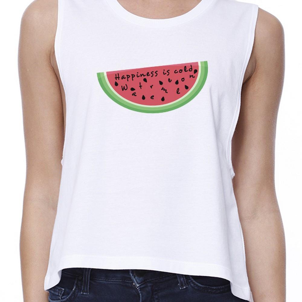 Happiness Is Cold Watermelon Womens White Cotton Crop Tee Loose Fit