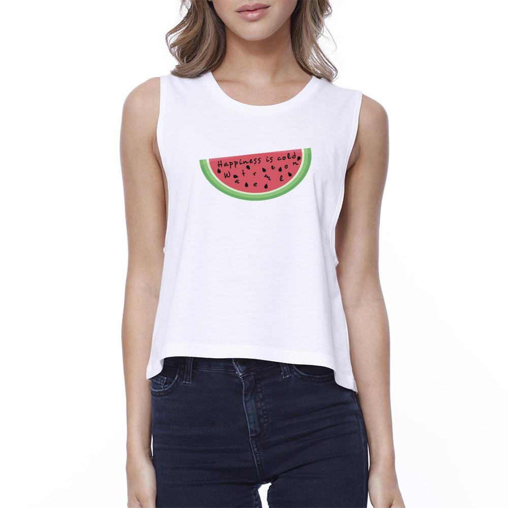 Happiness Is Cold Watermelon Womens White Cotton Crop Tee Loose Fit