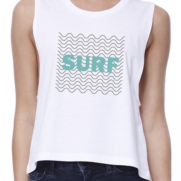 Surf Waves Womens White Sleeveless Crop Tee Shirt For Surfing Lover