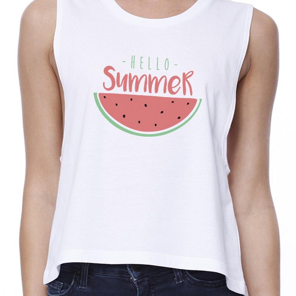 Hello Summer Watermelon Womens White Crop Top