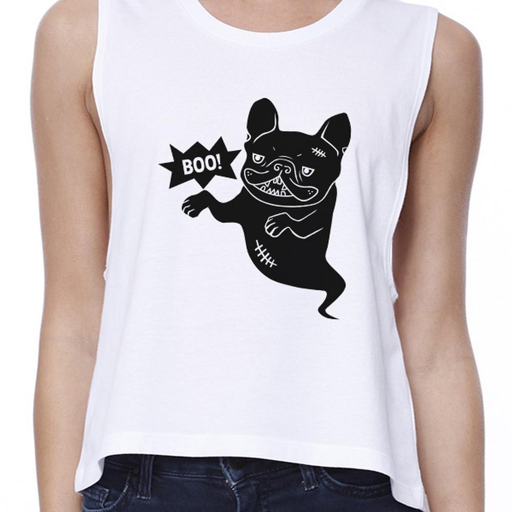 Boo French Bulldog Ghost Womens White Crop Top