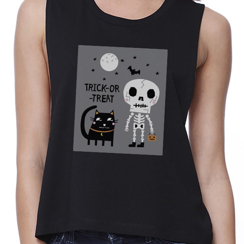 Trick-Or-Treat Skeleton Black Cat Womens Black Crop Top