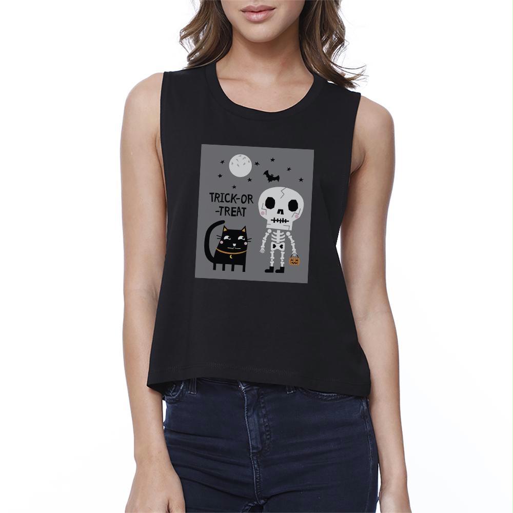 Trick-Or-Treat Skeleton Black Cat Womens Black Crop Top