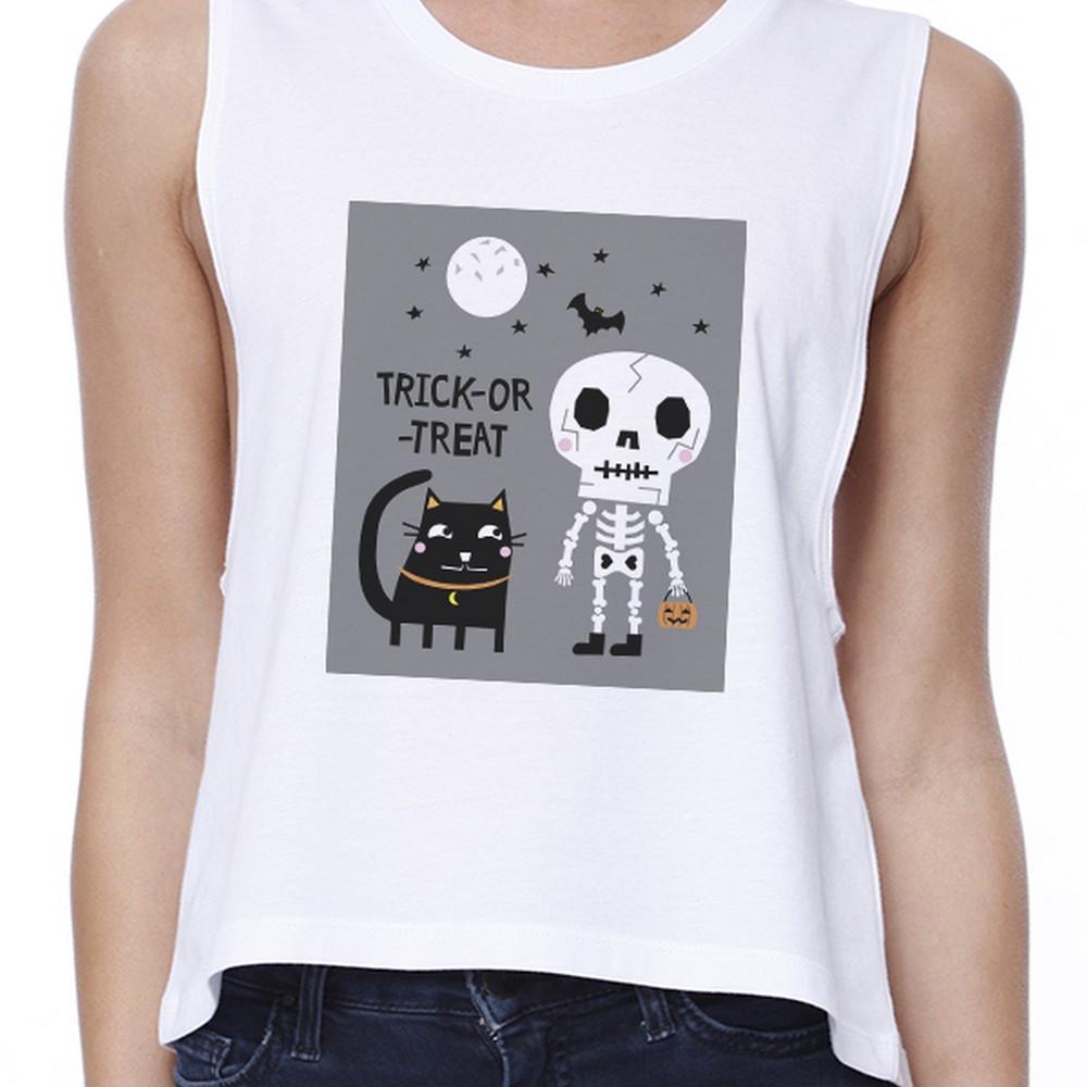 Trick-Or-Treat Skeleton Black Cat Womens White Crop Top