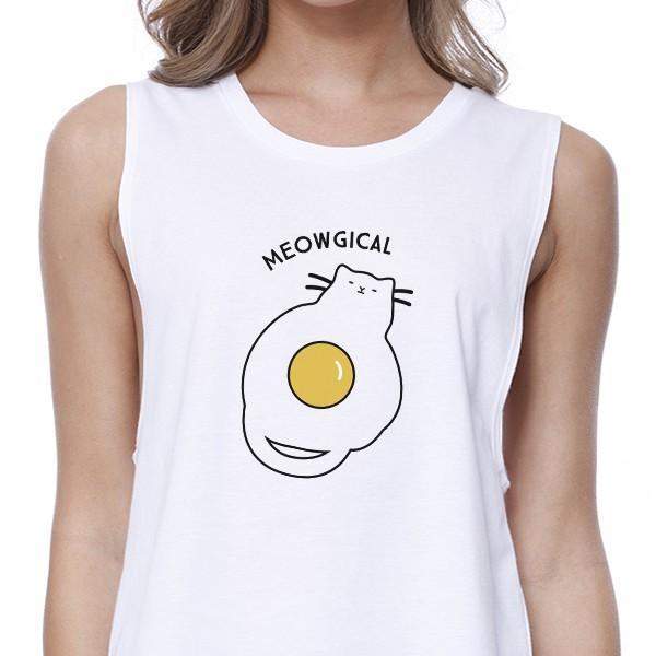 Meowgical Cat And Fried Egg Womens White Crop Top