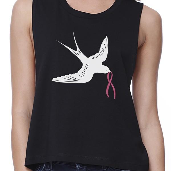 Pink Ribbon And Swallows Birds Womens Black Crop Top