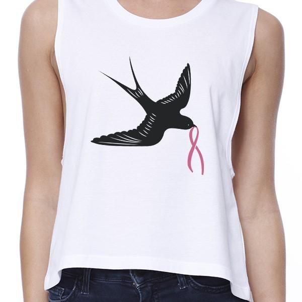 Pink Ribbon And Swallows Birds Womens White Crop Top